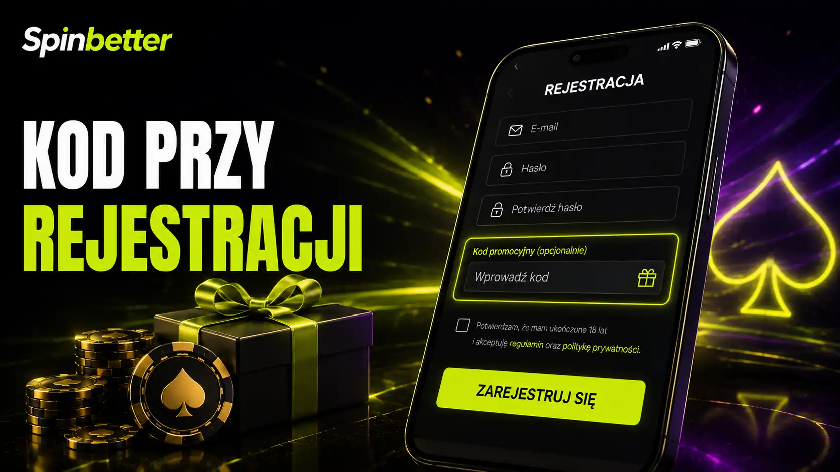 Kod promocyjny SpinBetter wpisany w pole formularza rejestracji